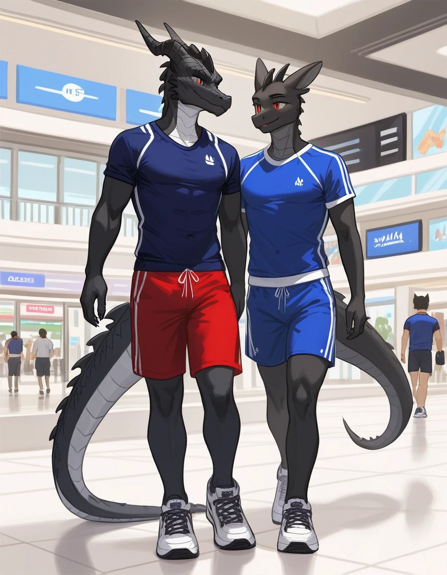 Duo, Score_9, score_8_up, an anthro dragon male, tall, athletic body, black dragon male, (black and red scaley body):1.3, black dragon, red eyes, he is wearing a blue sports jersey and shorts with white sneakers, walking in a strip mall, looking to his left at other character, he is with an Anthro furry female cat girl