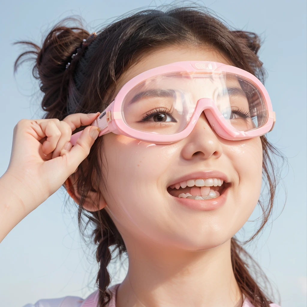 arafed asian girl wearing pink goggles and smiling while holding her hand to her eye, goggles on forehead, wearing goggles, goggles, clear cute face, round goggles, pink glasses, Wearing a clear glass mask, yanjun chengt, Wear sailing glasses, Belle Delphine, Close-up portrait shooting, child, li zixin, childs, a girl with round glasses