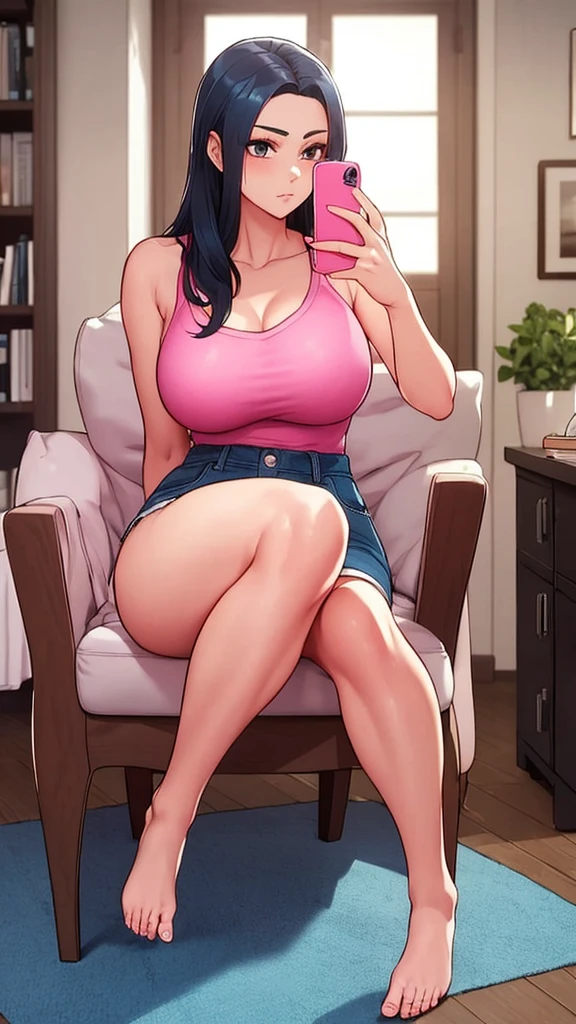 1girl, solo, long_hair, breasts, black_hair, holding, sitting, pink_hair, flower, shorts, barefoot, indoors, feet, bare_legs, toes, chair, soles, phone, cellphone, smartphone, holding_phone, selfie