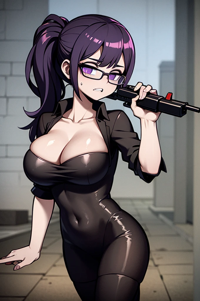 masterpiece,,beauty,Purple glasses,Black Hair,Side Ponytail,Surrounded by zombies,Gritting your teeth,See-through dress,Holding a gun,heavy rain,Wet with rain