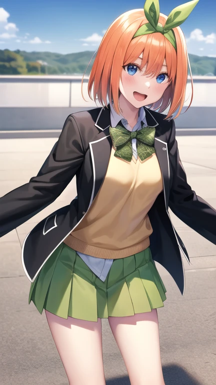 masterpiece, best quality, highres, aayotsuba, short hair, hair ribbon, green ribbon, hairband, green bow, sweater vest, blazer, black jacket, open clothes, long sleeves, green skirt, pleated skirt, standing, cowboy shot, outdoors, smile, open mouth,