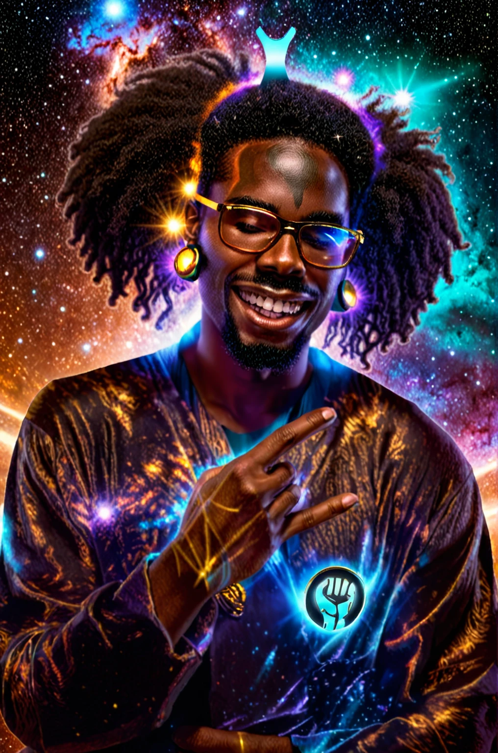 Centered, a brown skin man with a huge black power afro hair mixed in the cosmos galaxy, afrofuturism, cosmic, afrofuturism fashion, album cover, ultra quality, 8K, masterpiece, photorealistic face, cinematic scene