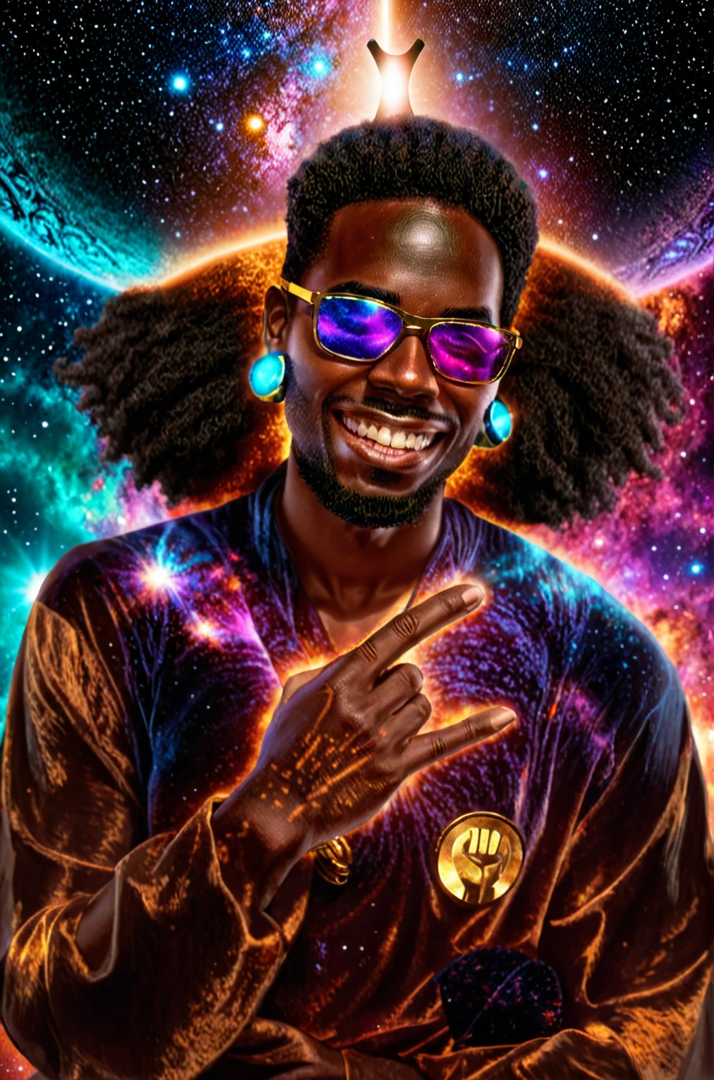 Centered, a brown skin man with a huge black power afro hair mixed in the cosmos galaxy, afrofuturism, cosmic, afrofuturism fashion, album cover, ultra quality, 8K, masterpiece, photorealistic face, cinematic scene