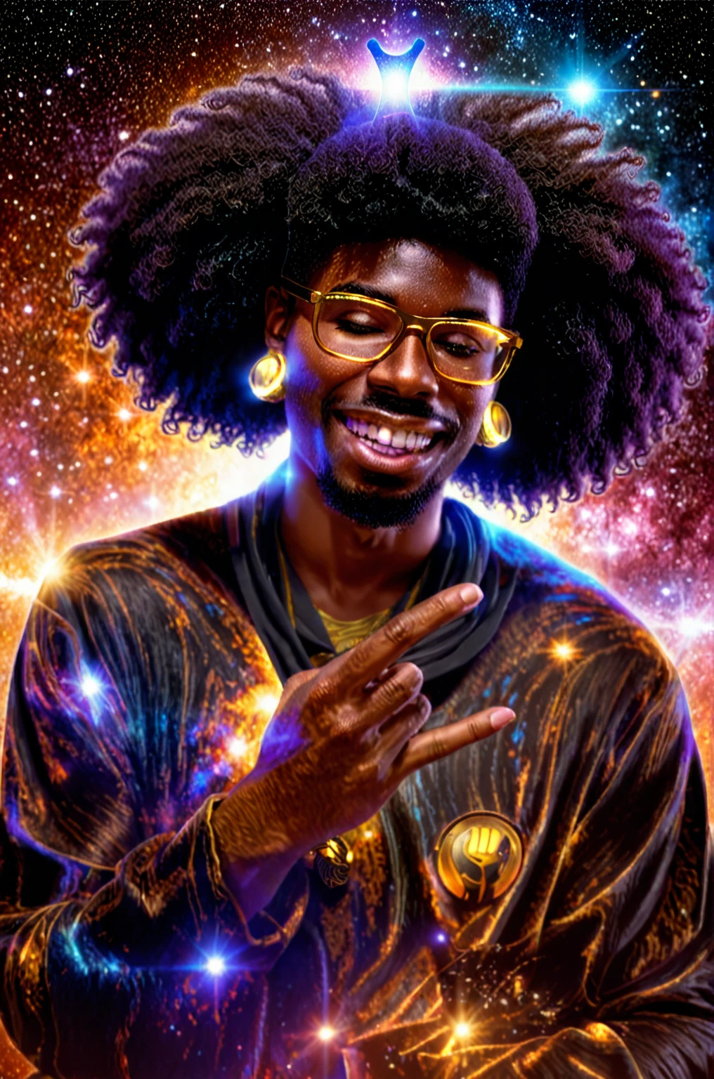 Centered, a brown skin man with a huge black power afro hair mixed in the cosmos galaxy, afrofuturism, cosmic, afrofuturism fashion, album cover, ultra quality, 8K, masterpiece, photorealistic face, cinematic scene