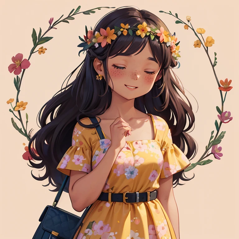 1girl, solo, long hair, blush, smile, black hair, hair ornament, dress, collarbone, closed eyes, flower, short sleeves, parted lips, belt, artist name, hair flower, dark skin, bag, dark-skinned female, leaf, floral print, red dress, plant, white flower, red flower, pink dress, facing viewer, pink flower, freckles, blue flower, curly hair, shoulder bag, yellow flower, purple flower, head wreath, orange flower, print dress
