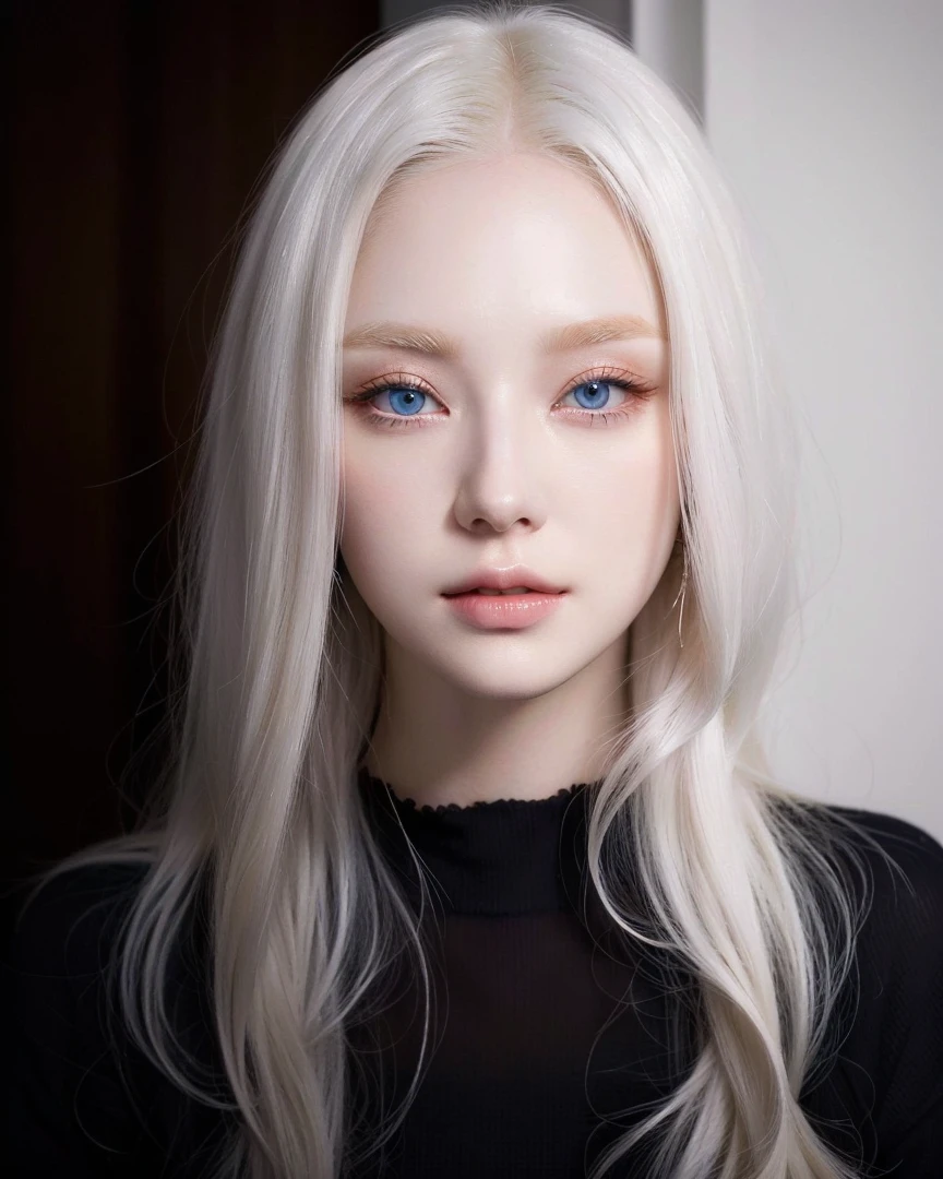 a closeup of a woman with long blonde hair and blue eyes, Perfect white hair girl, ulzzang, girl with white hair, pale porcelain white skin, South Korean popular makeup, pale fur, beautiful aesthetic face, very very pale blonde hair, white hime cut hairstyle, Her hair is white, Portrait of Blackpink&#39;s Jossi, korean girl, pale round face