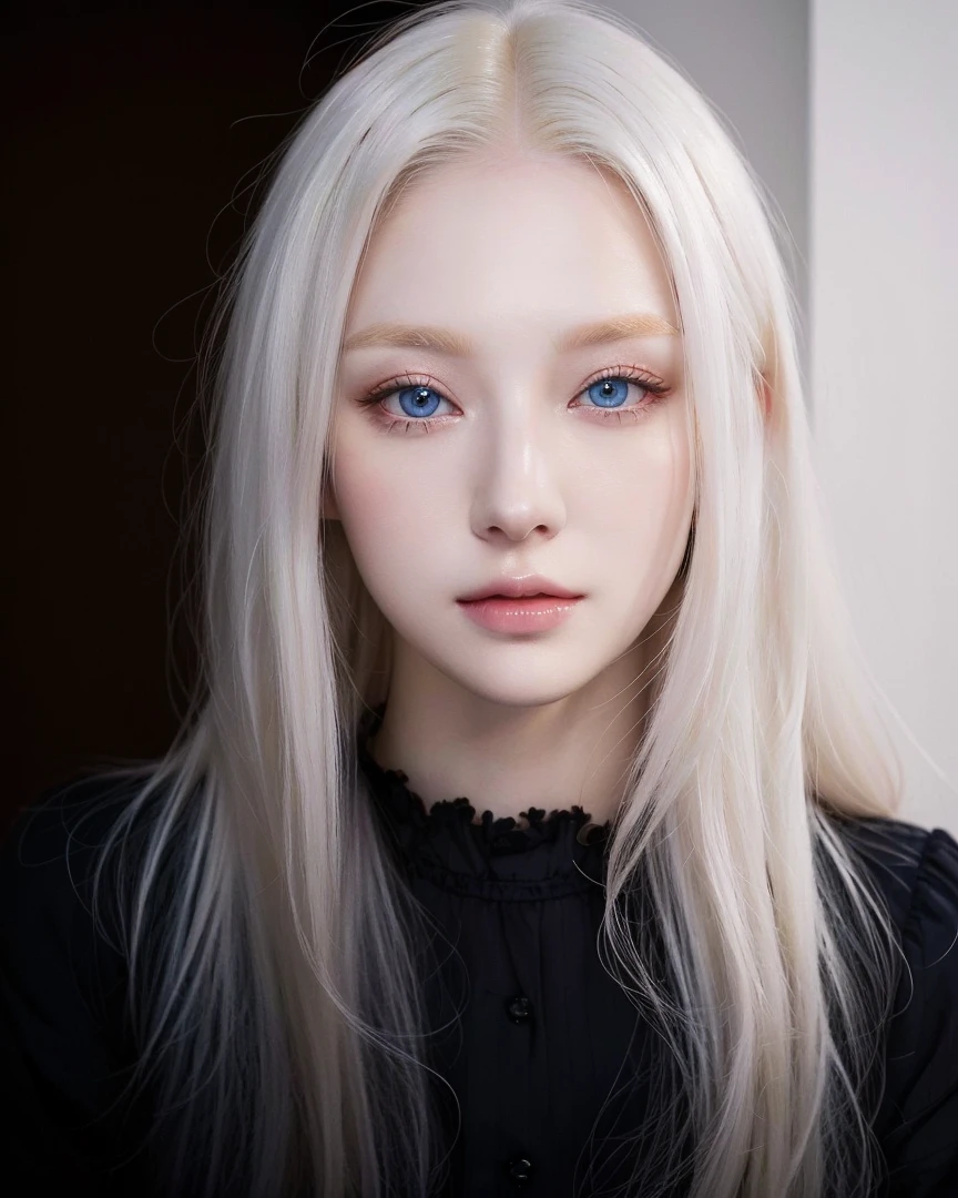 a closeup of a woman with long blonde hair and blue eyes, Perfect white hair girl, ulzzang, girl with white hair, pale porcelain white skin, South Korean popular makeup, pale fur, beautiful aesthetic face, very very pale blonde hair, white hime cut hairstyle, Her hair is white, Portrait of Blackpink&#39;s Jossi, korean girl, pale round face