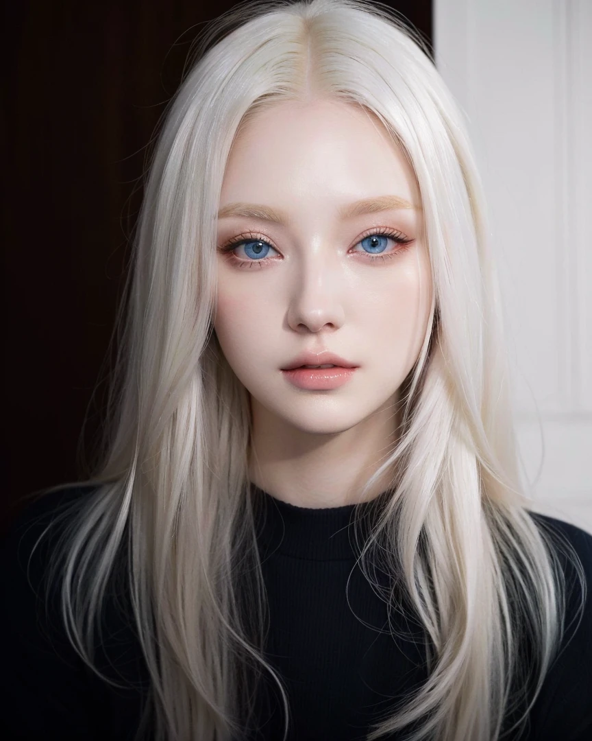 a closeup of a woman with long blonde hair and blue eyes, Perfect white hair girl, ulzzang, girl with white hair, pale porcelain white skin, South Korean popular makeup, pale fur, beautiful aesthetic face, very very pale blonde hair, white hime cut hairstyle, Her hair is white, Portrait of Blackpink&#39;s Jossi, korean girl, pale round face