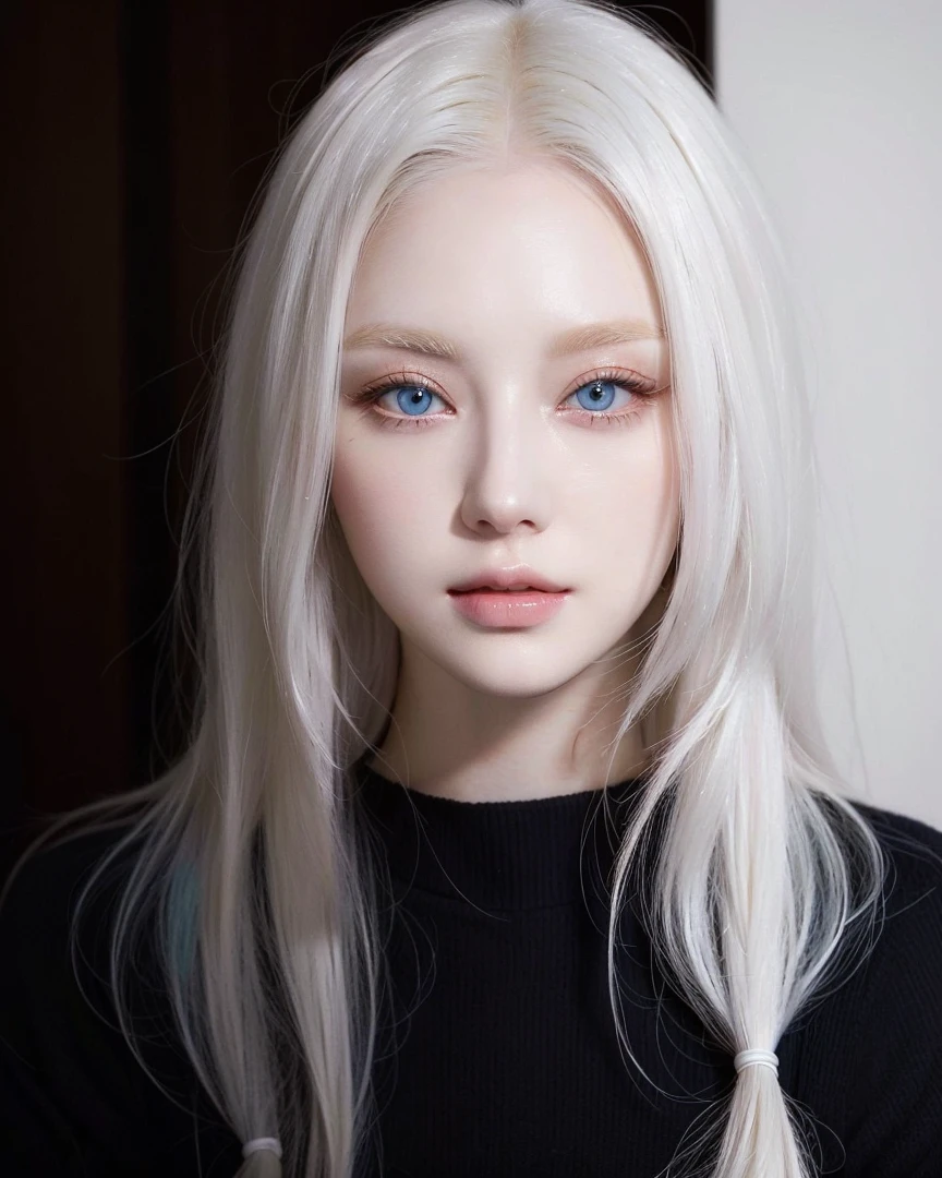 a closeup of a woman with long blonde hair and blue eyes, Perfect white hair girl, ulzzang, girl with white hair, pale porcelain white skin, South Korean popular makeup, pale fur, beautiful aesthetic face, very very pale blonde hair, white hime cut hairstyle, Her hair is white, Portrait of Blackpink&#39;s Jossi, korean girl, pale round face