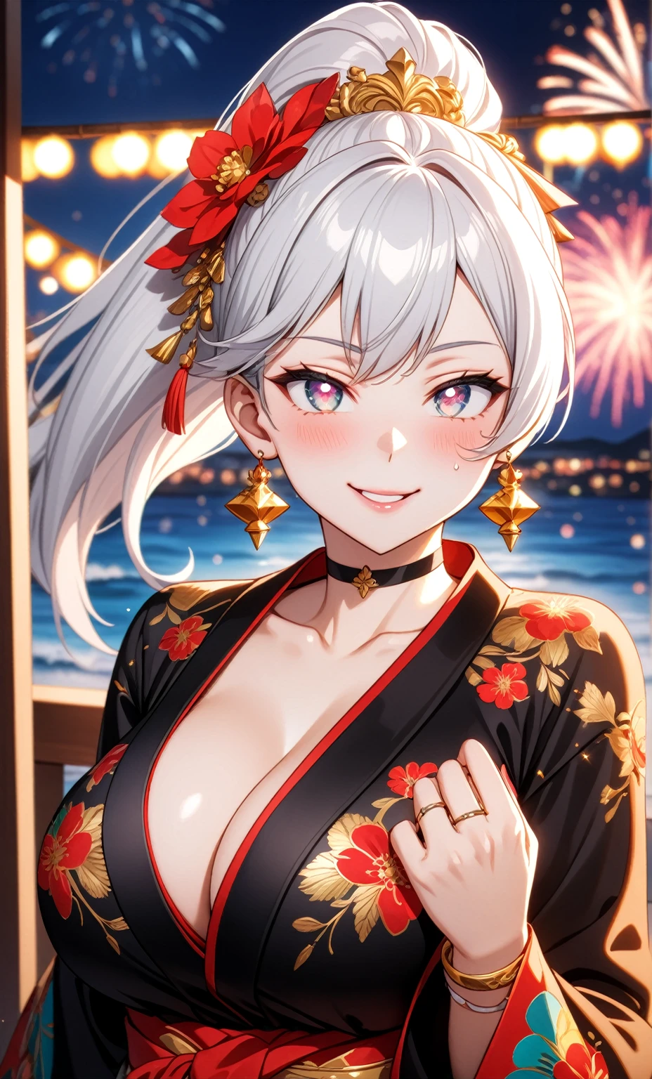 ((One personの女性)), Beautiful Face,embarrassed, ((Wink:1.9)),Laugh with your mouth wide open,Waving to the audience, ((Bright red cheeks:1.4)),Glossy red lips,night,rooftop,Festive decorations,You can see the ocean, firework,Lighting on the face,((Anime style background)),masterpiece, Highest quality, so beautiful,Latest, Complex details, (Pink long nails),(ring),(bracelet),(choker),AI-generated, Complex,High resolution, Highest quality, super high quality,3D Images、looking outside、3D Images,One person,Long white hair,High Ponytail,(blue eyes),Anime woman posing for a photo, ((Fine grain、Silvery white colorful eyes、Shining Eyes:1.4)),(Squint your eyes:1.1),a hyperRealistic , hyperRealistic , Realistic,Anime woman with long and white hair, Smooth anime CG art, A woman in a colorful kimono with gold embroidery, (Black long sleeve kimono),Red floral pattern,Long flower hair ornament,Big earrings,Mature Body,(Big Breasts:1.1),Tall,Abdominal muscles,Narrow waist,(Zoom in on face:1.8),Photographed from the front