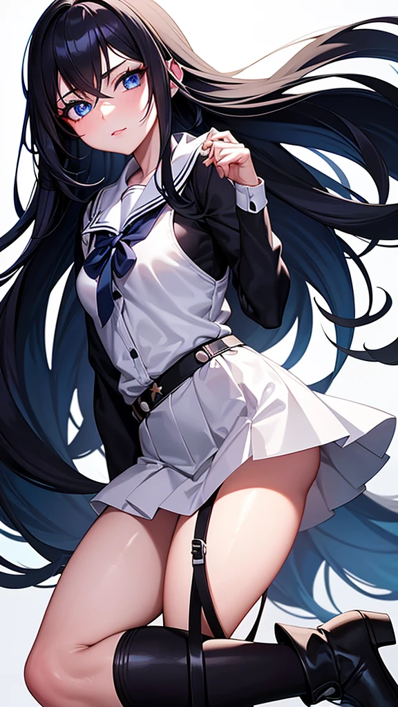 make a picture: Boku no hero panel with A girl with long black hair and blue eyes with makeup, full lips while wearing A blouse tucked into a skirt and white mini shorts with black ankle boots