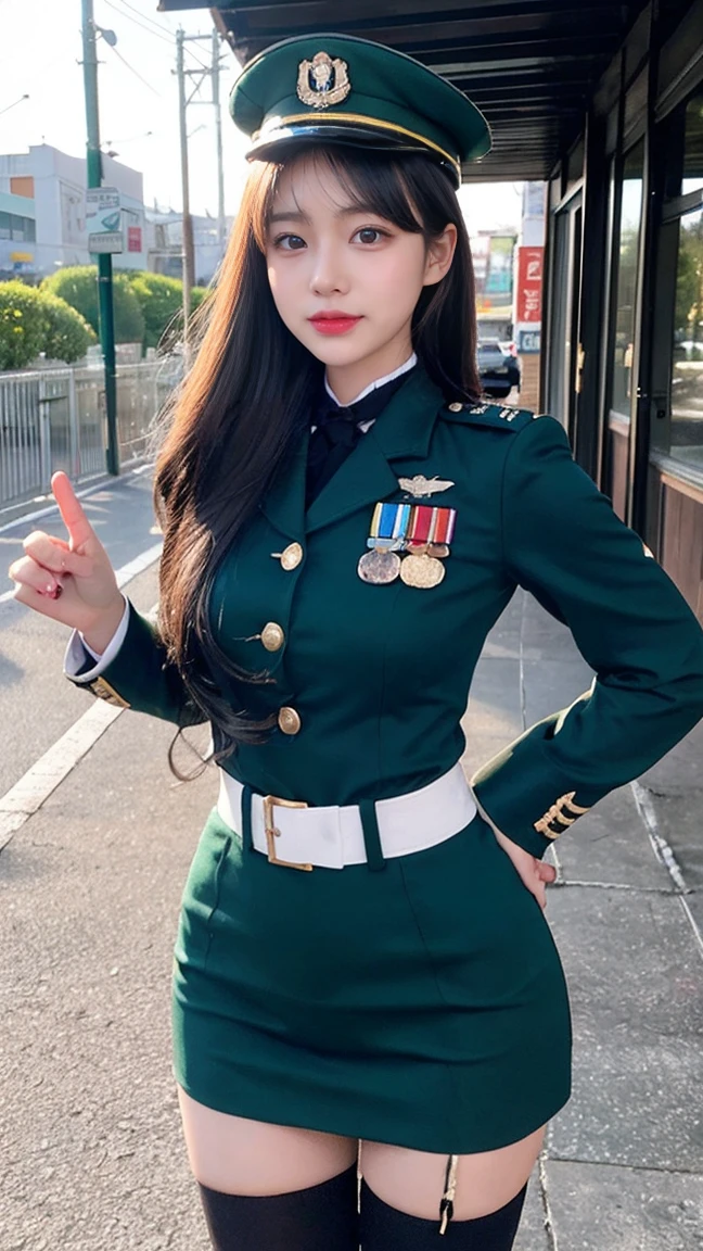 最high quality, masterpiece, 32k、Very detailed、Realistic、1 girl, Japanese women、Emerald green military uniformのコスチューム、High-grade, futuristic, sexy costume, Emerald green military uniform、US Army military uniform hat、Attractive K-pop idol-like outfits、Emerald green military uniform、class seal、Wears an emerald green military uniform hat(military officer uniform hat), Cute face, (photo Actual:1.3),Edge lighting, (Skin with attention to detail:1.2), 8K超High resolution, Single-lens reflex camera, high quality, High resolution, 4K, 8K, Optimal ratio of four fingers to one thumb, (Actual:1.3), cute 1 girl, Realistic、Super Realistic、32k、Very detailed、masterpiece, 最high quality, beautiful girl, beauty、Gorgeous girl, Medium chest、Big Ass, Narrow waist, Leg spread, Plenty of facial detail, City of the Future, Super detailed, High resolution, masterpiece, high quality, High resolution, 