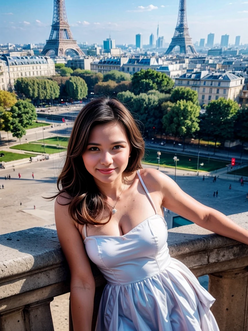 wearing white dress in Paris, Eiffel tower on background