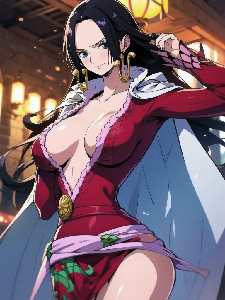 Masterpiece, Boa Hancock from One Piece, detailed face, beautiful blue eyes, small smile, wears earrings; big breasts, cleavage, loose and stylized hair, long beautiful hair, wears Boa Hancock earrings, (wears a red dress), (wears a white cape), has cleavage, bare abdomen, battle pose. The art style should resemble a captivating anime style. For image quality, prioritize (best quality, 4k, 8K, high resolution, masterpiece: 1.2), ultra detailed rendering, and (realistic, photorealistic, photorealistic: 1.37). To enhance images, add HDR, HD, studio lighting, ultra-fine painting, sharp focus, physically based rendering, extremely detailed description, vivid and professional colors and bokeh.