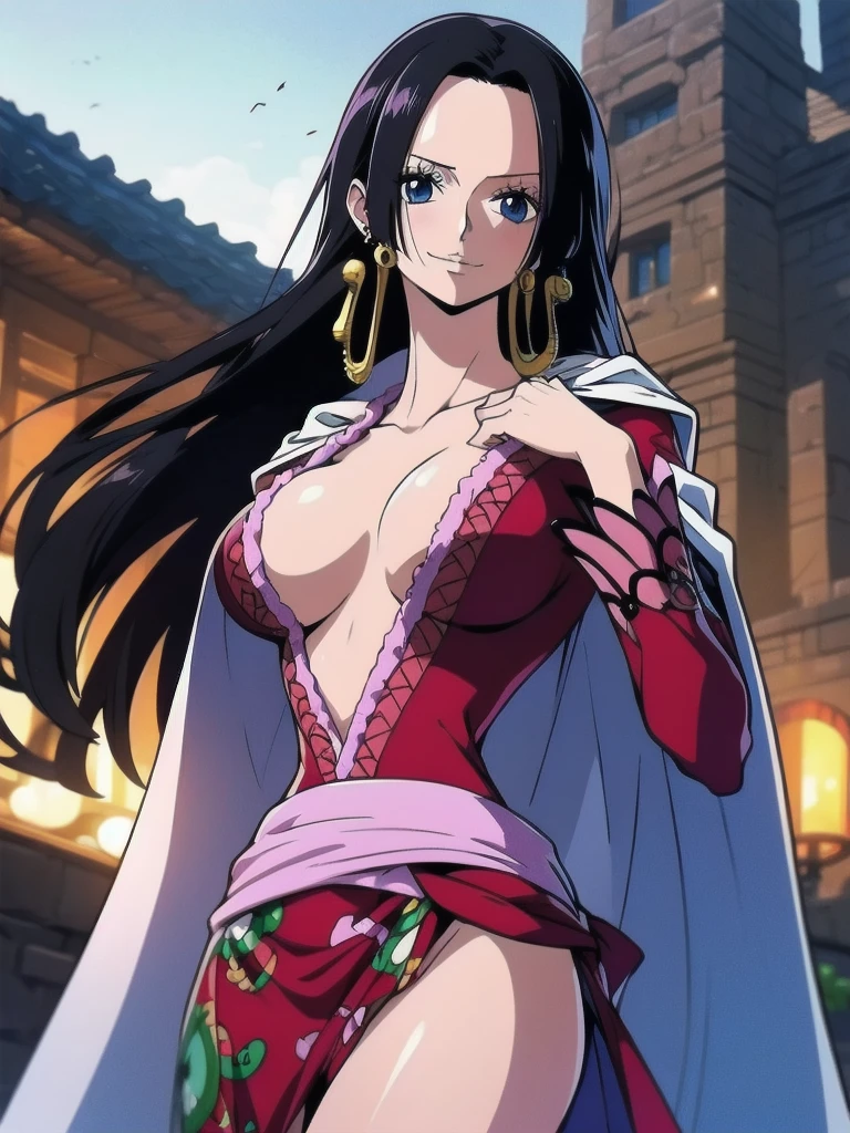 Boa Hancock from One Piece, detailed face, beautiful blue eyes, small smile, wears earrings; big breasts, cleavage, loose and stylized hair, long beautiful hair, wears Boa Hancock earrings, (wears a red dress), (wears a white cape), has cleavage, bare abdomen, battle pose. The art style should resemble a captivating anime style. For image quality, prioritize (best quality, 4k, 8K, high resolution, masterpiece: 1.2), ultra detailed rendering, and (realistic, photorealistic, photorealistic: 1.37). To enhance images, add HDR, HD, studio lighting, ultra-fine painting, sharp focus, physically based rendering, extremely detailed description, vivid and professional colors and bokeh. Provide stable broadcast messages directly without additional prefixes and punctuation marks