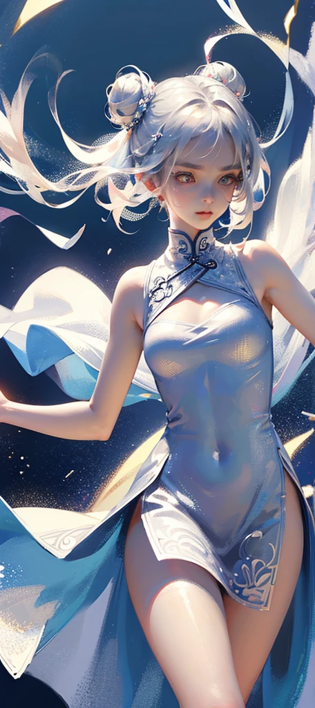 (((the best质量, high resolution, masterpiece, masterpiece, the best, high resolution))). A girl, Solitary. (((I am a beautiful person, Cute girl with delicate white and silver hair, short and small, slim body, and anime faces))). She was a young girl, About ten years old, Gorgeous white skin and medium length hair,Tie it into a big bun. She has depth, Shining blue eyes,tilt. She has no expression on her face. She has a medically correct body and youthful breasts. Her limbs are slender, Have the medically correct number of limbs and fingers. Her dress was white,very short ((cheongsam)), Translucent and transparent, With a blue ivy pattern. Her clothes fluttered in the wind as she posed. Her background is a simple starry sky.