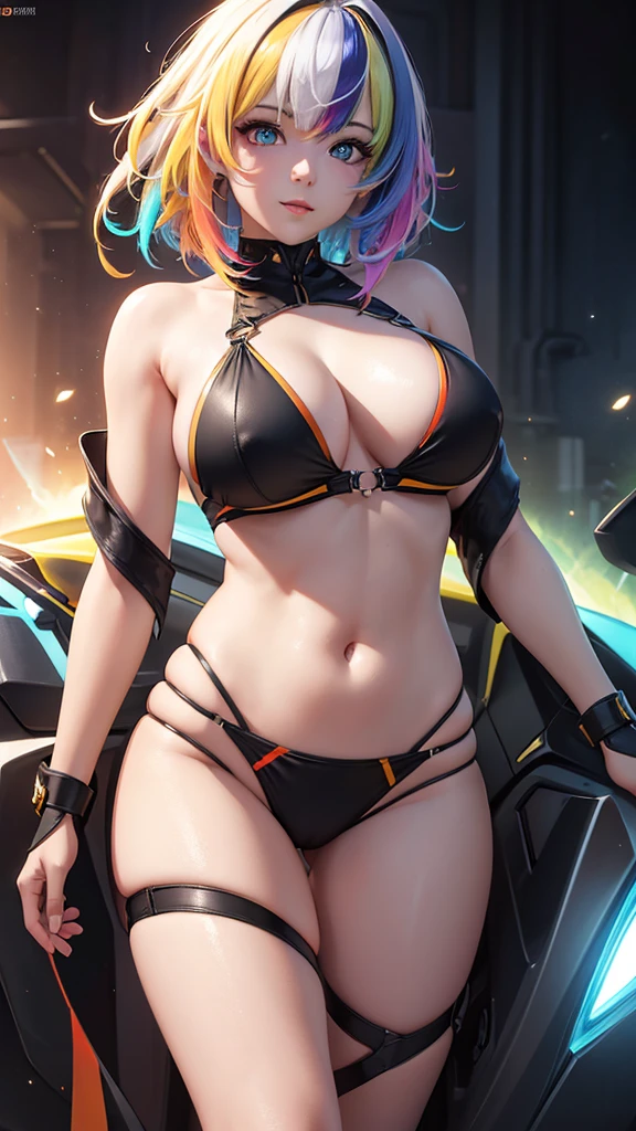 {{masterpiece}}, best quality, extremely detailed CG unity 8k wallpaper, cinematic lighting, lens flare, beautiful detail eyes, black,  side glance,  multicolor short blonde hair, colorful light, particles, heterochromia, (colorful:1.5), (colorful hair:1.5), Sexy bikini suit,