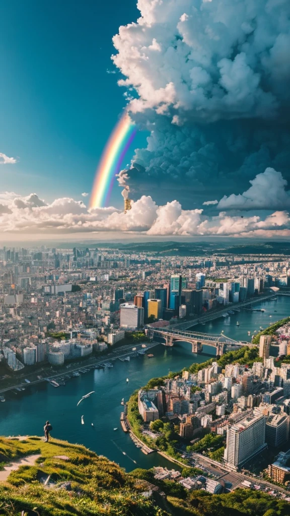 there is a rainbow in the sky over a beach with rocks and pebbles, an illustration of by Igor Grabar, trending on shutterstock, fine art, seashore, magical beach, sunny rainbow galaxy stormy sea, colorful hd picure, near the seashore, rainbow reflections, just one rainbow 8 k, beach landscape, still of rainbow ophanim, calm vivid colors a view of a city with tall buildings and a green park, a picture by Naondo Nakamura, unsplash, sōsaku hanga, tokyo japan, there are two people climbing up a mountain with a view of the clouds, a detailed matte painting inspired by Michael Komarck, unsplash, romanticism, chamonix, photo epic of the year, max rive, breath taking, epic stunning atmosphere, national geographic footage, rise above clouds, stunning skied, above the clouds, gopro footage tokyo city, tokyo city in the background, tokio, tokyo, japanese city, tokyo prefecture, new tokyo, aerial view of a city, tokyo in the background, bird's eye view of a city