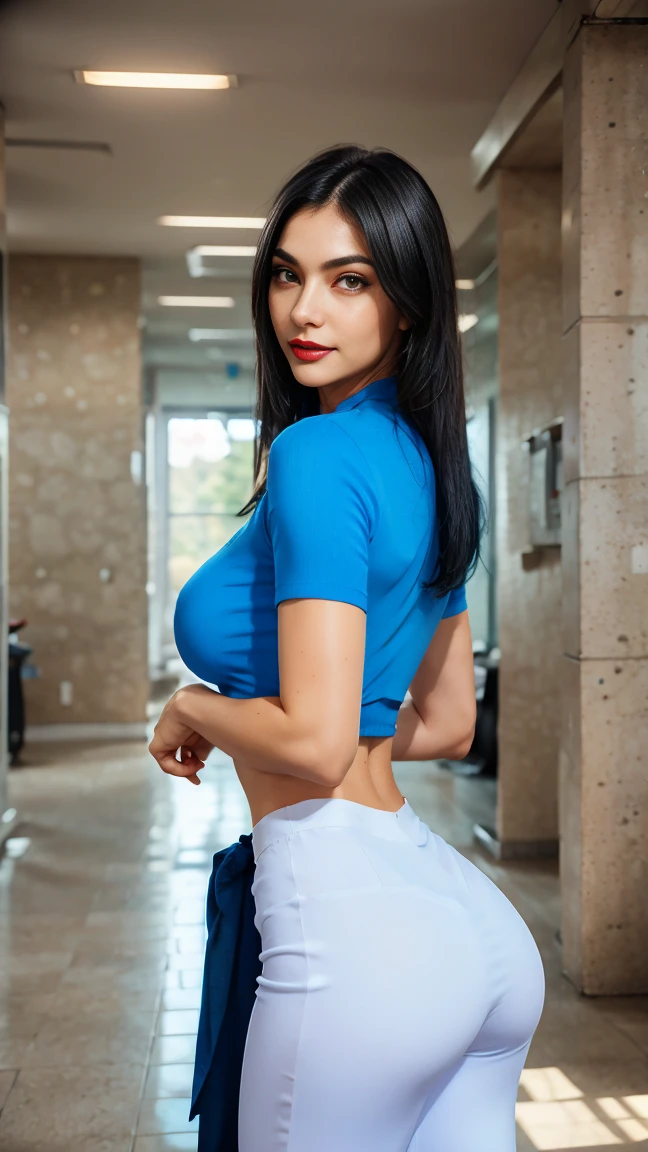 Caucasian woman, blue-black hair, wavy hair, long hair, blue eyes, highlights eyes, highlights in eyes, red lipstick, smile, athletic body, medium breasts, white sleeved blouse, white pants, in building hallway, luxury, from back, buttocks, shot from behind.