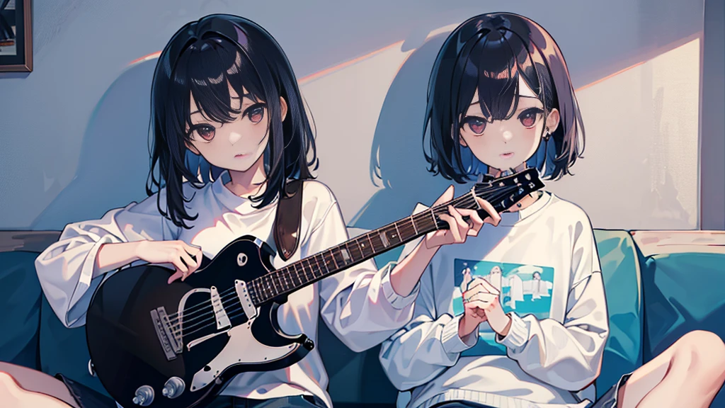 ((Highest quality、8K、masterpiece:1.3))、room、One Woman、Black Hair、Anxious look、Playing guitar