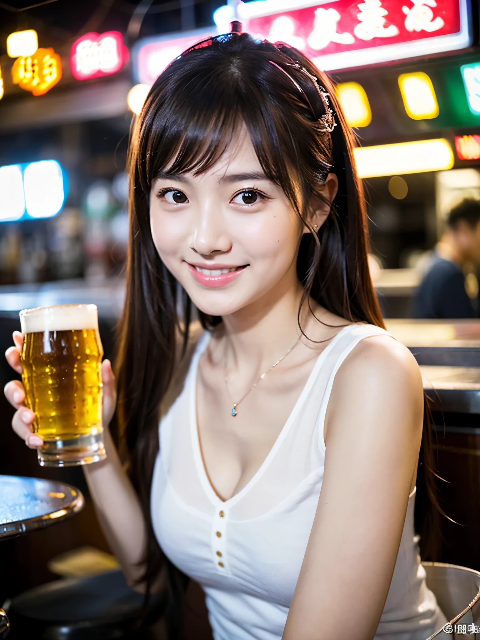 A very cute face like an idol、Looks like a young face、20-year-old female、Gentle and cute、A kind smile、A slightly  white blouse、(whole body像)、Cleavage、A crowded bar、Toast with a beer mug、Cinema lighting、Natural light、whole body、RAW Photos、Genuine、Artistic、(High level of artistry)、High quality that is indistinguishable from real life、realism、Real Stick、High resolution、masterpiece