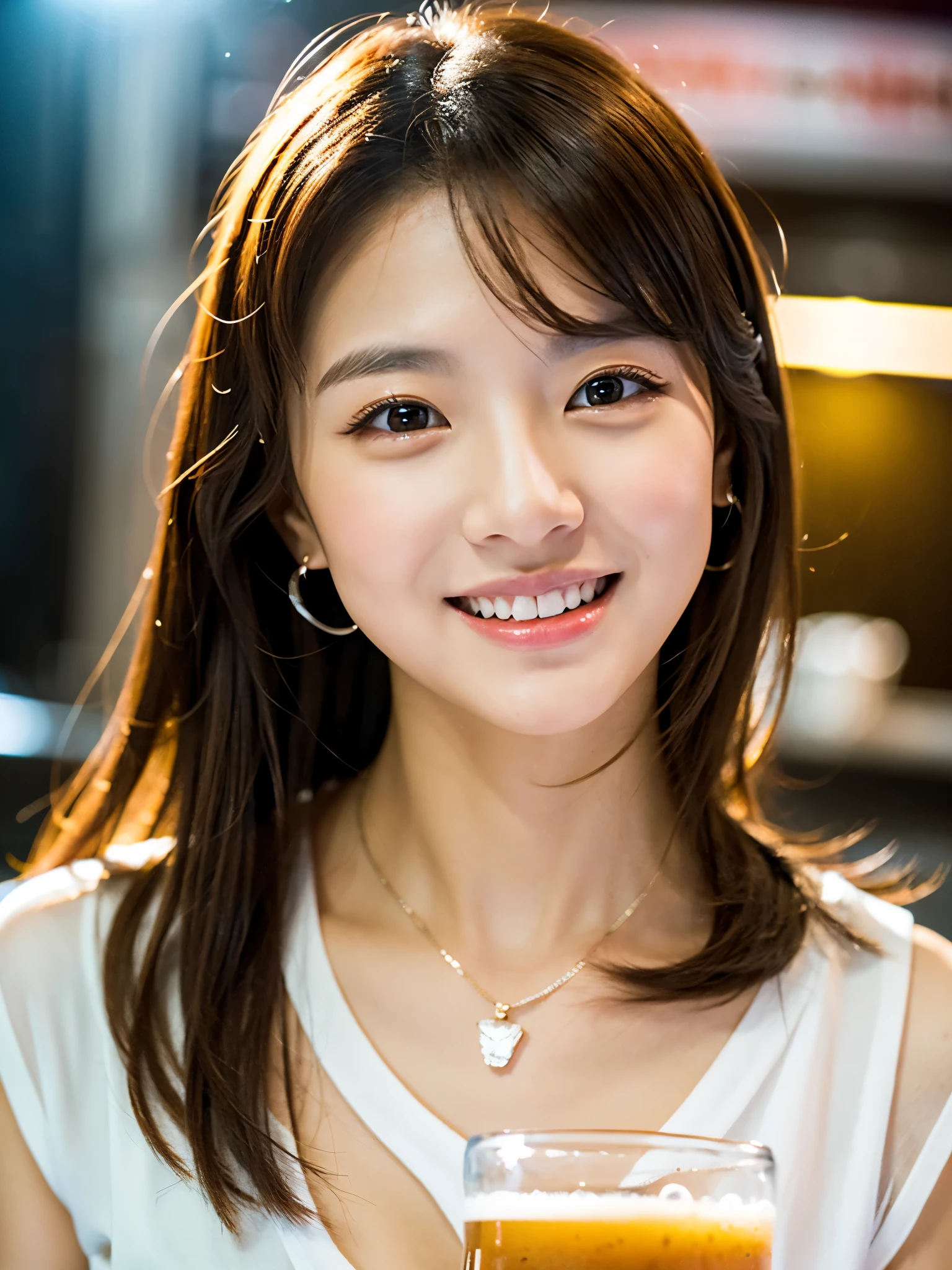 A very cute face like an idol、Looks like a young face、20-year-old female、Gentle and cute、A kind smile、A slightly  white blouse、(whole body像)、Cleavage、A crowded bar、Toast with a beer mug、Cinema lighting、Natural light、whole body、RAW Photos、Genuine、Artistic、(High level of artistry)、High quality that is indistinguishable from real life、realism、Real Stick、High resolution、masterpiece