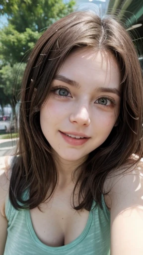 White woman, 28 years old, Brown hair, long hair, messy hair, Nice face, simetric face, Green eyes, Nice body, tank top, laughing, park