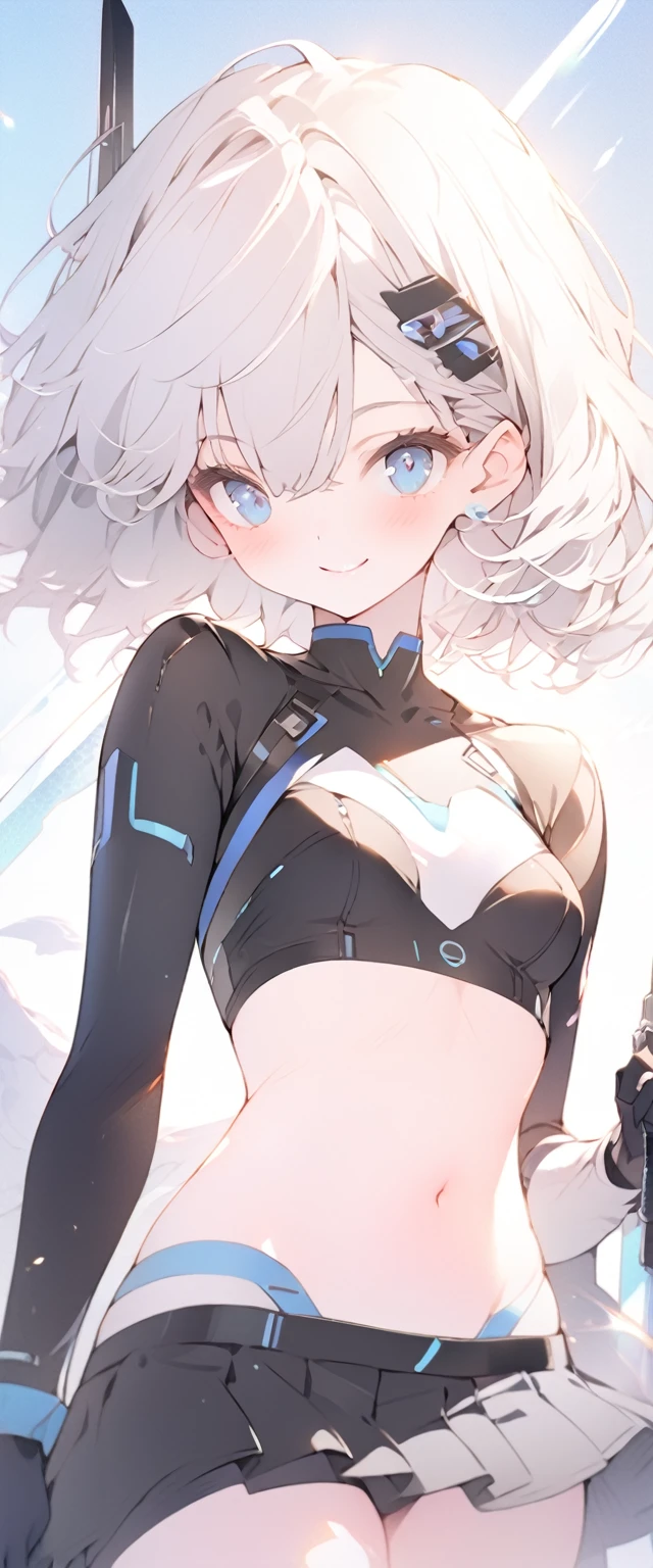 beautiful, masterpiece, Highest quality, anime, One girl, C Cup,Portrait Shot, View your viewers, Covered、Short Hair、nearby、Blue Eyes、art、、White hair,Blue streaked hair、wallpaper、hairpin、Cute smile、Thighs、navel、Sci-fi hair accessories、Blue-black_Gloves、Blue-black_Knee-high boots、、Cute、Blue-black_Short skirt、Sci-fi combat uniform、blue sky、Leather material、navel、Sci-fi straight sword