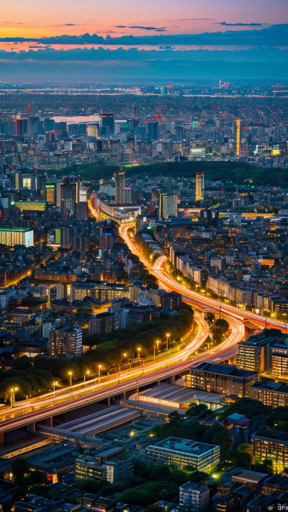 a view of a city with tall buildings and a green park, a picture by Naondo Nakamura, unsplash, sōsaku hanga, tokyo japan, arafed view of a field of flowers with a sunset in the background, floral sunset, warm beautiful scene, beautiful sunrise, flowers sea everywhere, sunset warm spring, beautiful sunset, magnificent background, vibrant sunrise, beautiful sunset glow, breathtaking landscape, stunning sunset, field of flowers, at sunrise in springtime, sunset glow, beautiful sunrise lighting, flower field, sunset sunrise tokyo city, tokyo city in the background, tokio, tokyo, japanese city, tokyo prefecture, new tokyo, aerial view of a city, tokyo in the background, bird's eye view of a city