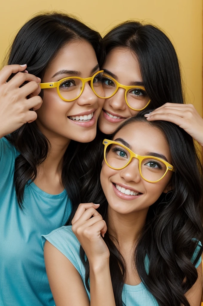 Create a Disney Pixar image of two girls taking a photo in a mirror ,one of the girls is white skin tone ,She has brown eyes, long wavy black hair and she is smiling with yellow glasses. She has a light gray sleeveless top. ,The second girl has white skin tone, long straight black hair, green eyes, she is wearing blue glasses, making a kiss with her mouth and with one hand acting worthy of peace and with the other taking the photo and she has a light blue sleeved top. short