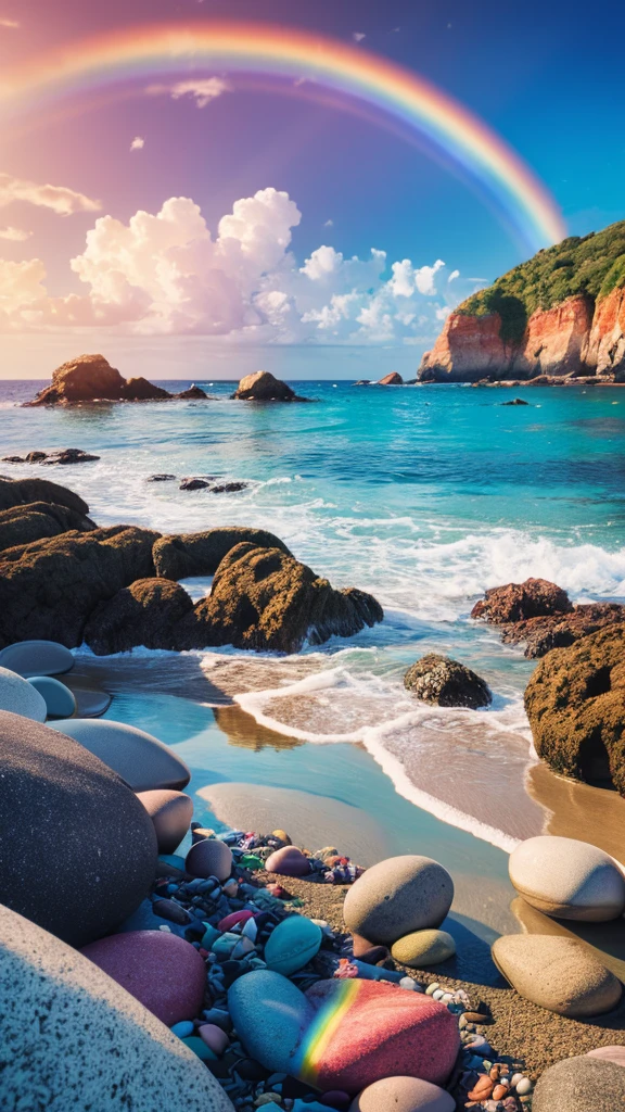 there is a rainbow in the sky over a beach with rocks and pebbles, an illustration of by Igor Grabar, trending on shutterstock, fine art, seashore, magical beach, sunny rainbow galaxy stormy sea, colorful hd picure, near the seashore, rainbow reflections, just one rainbow 8 k, beach landscape, still of rainbow ophanim, calm vivid colors