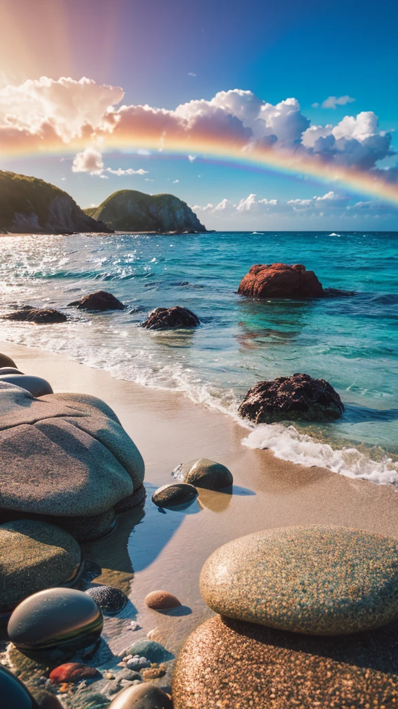 there is a rainbow in the sky over a beach with rocks and pebbles, an illustration of by Igor Grabar, trending on shutterstock, fine art, seashore, magical beach, sunny rainbow galaxy stormy sea, colorful hd picure, near the seashore, rainbow reflections, just one rainbow 8 k, beach landscape, still of rainbow ophanim, calm vivid colors