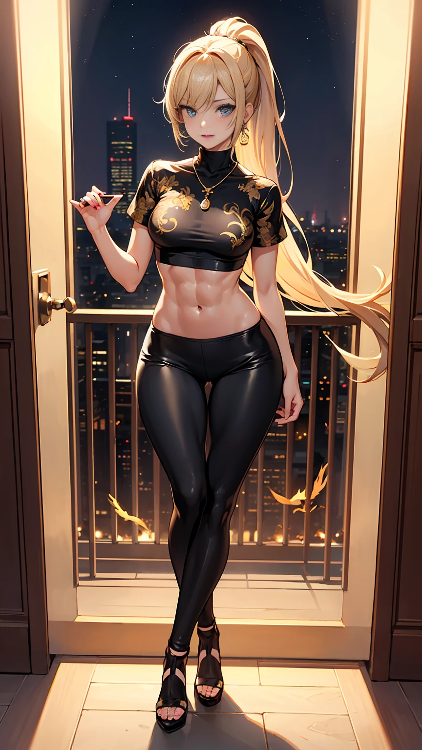 Beautiful woman with long straight ponytail blond hair with blue eyes wearing a Black Tight Leggings With Golden Dragon Prints, a Red Sexy Criss Cross Mock Neck Short Sleeves Blouse With Phoenix Prints, luxurious jewelry and a luxurious necklace, 18k gold wedding ring on left hand, standing in a balcony at night of full moon, (caucasian skin), (light brown lipstick), (elegant mascara), (slim body with abs), (small breasts), (wide hips), midjourney, <lora:GoodHands-, <lora:GoodLegs-, UHD, high resolution, (masterpiece:1.1, best quality), (expressive eyes, perfect face, full body, expressive face, perfect body, perfect pussy, athletic, fit, slim body, blushing, Perfect makeup, eyeliner, beautiful eyelashes, smiling, horny face), ((best illumination, best shadows)), ((sexy pose))