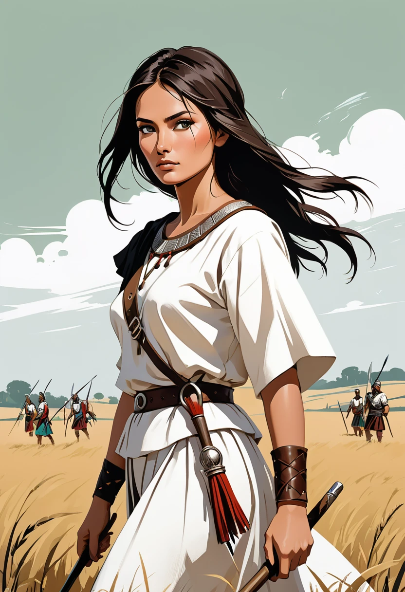 contraste élevé, minimaliste, coloré en noir et blanc sale, rigide, Spectaculaire, illustration de roman graphique, hachures croisées, guerre des séminoles, tenues traditionnelles, champs terrestres, elegant, sage, beautiful native, brown, woman, looking sideway, with a crooked nose.