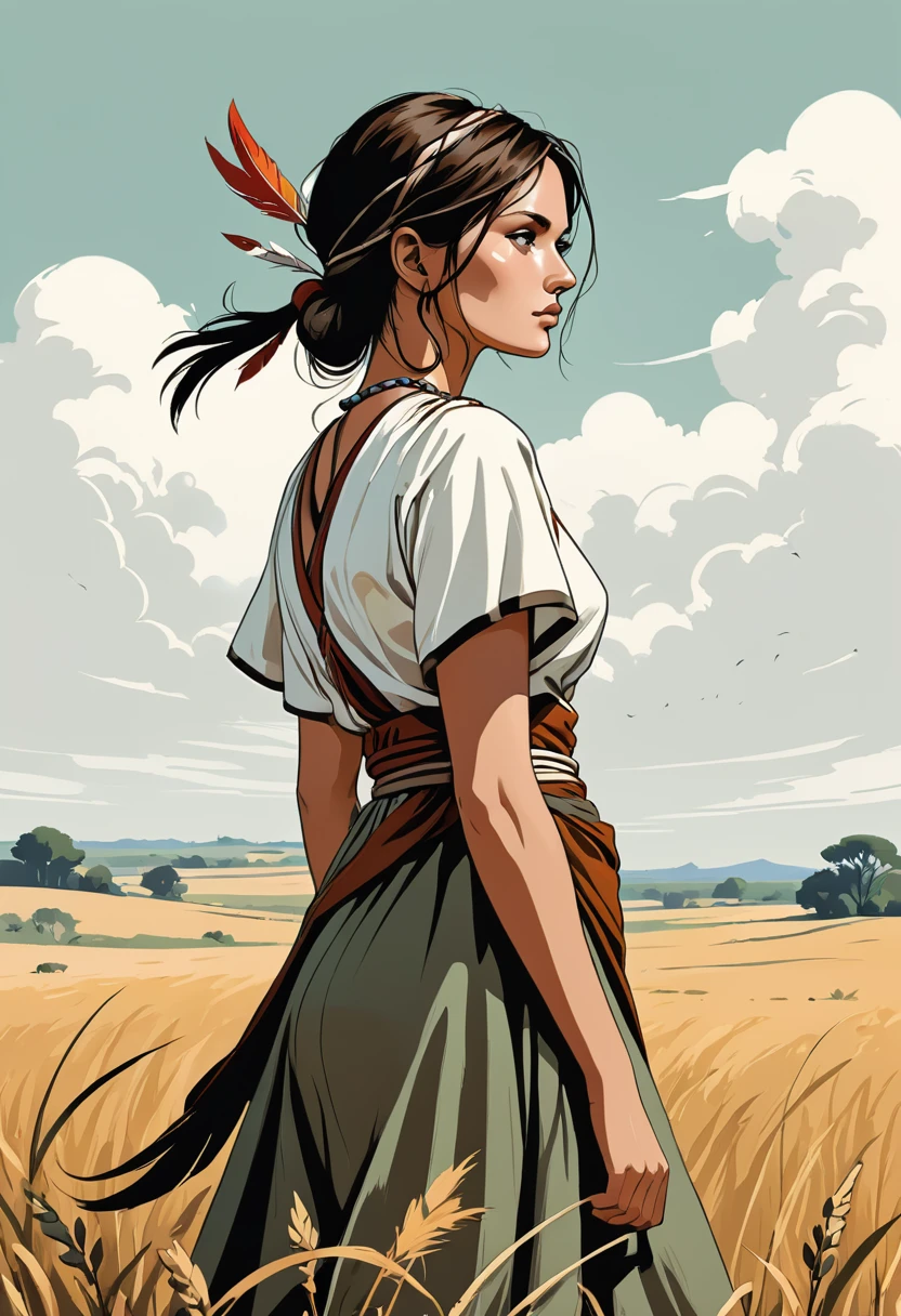 contraste élevé, minimaliste, coloré en noir et blanc sale, rigide, Spectaculaire, illustration de roman graphique, hachures croisées, guerre des séminoles, tenues traditionnelles, champs terrestres, elegant, sage, beautiful native, brown, woman, looking sideway, with a crooked nose.