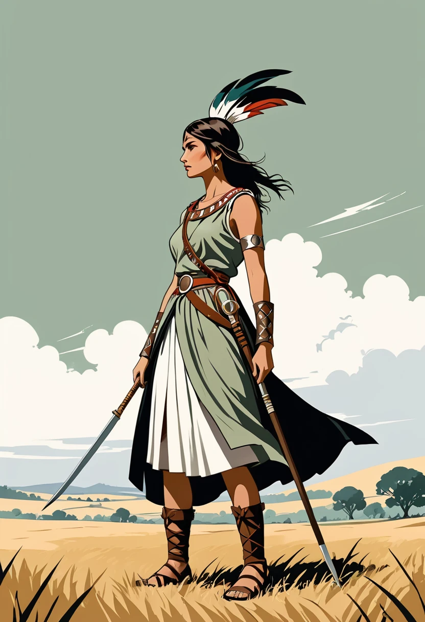 contraste élevé, minimaliste, coloré en noir et blanc sale, rigide, Spectaculaire, illustration de roman graphique, hachures croisées, guerre des séminoles, tenues traditionnelles, champs terrestres, elegant, sage, beautiful native, brown, woman, looking sideway, with a crooked nose.