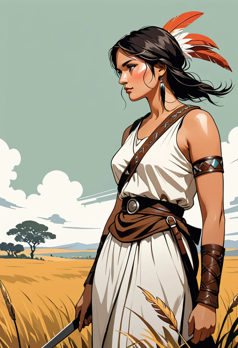 contraste élevé, minimaliste, coloré en noir et blanc sale, rigide, Spectaculaire, illustration de roman graphique, hachures croisées, guerre des séminoles, tenues traditionnelles, champs terrestres, elegant, sage, beautiful native, brown, woman, looking sideway, with a crooked nose.