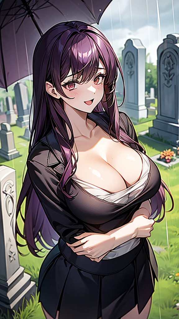 1 girl, alone, long hair, Large Breasts, cleavage, Brown eyes, OK, purple hair, Black skirt, ,Short skirt, , Mature female, widow, :D, (masterpiece: 1.0), (最OK_quality: 1.0), silence,rain,cloudy day,Cemetery