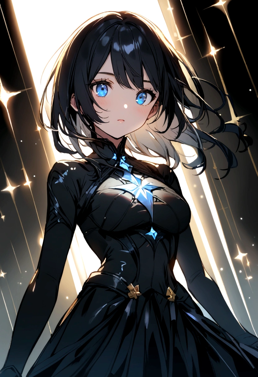 girl with long black hair with blue eyes and gray sparkles, broad chest and small waist