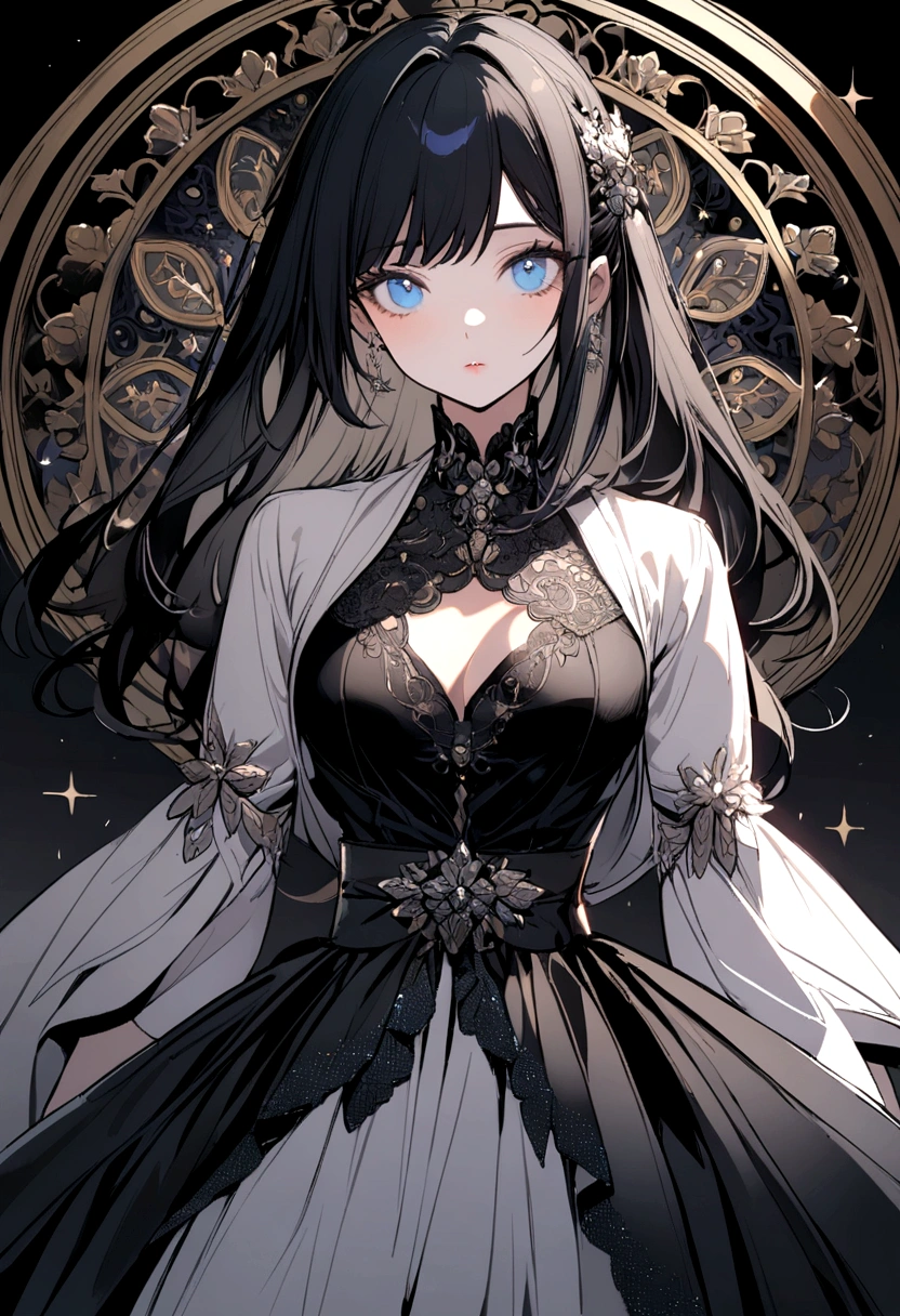 girl with long black hair with blue eyes and gray sparkles, broad chest and small waist 