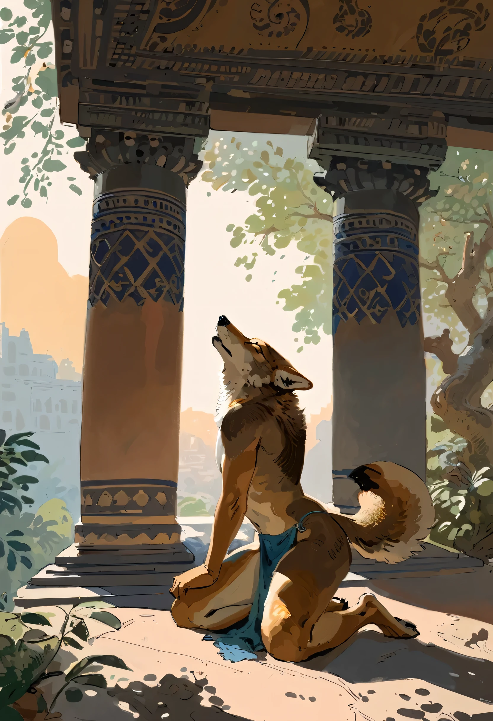 solo, male, anthro, (coyote), by seyorrol, digitigrade, digital artwork, (flat colors:1.2), ((detailed background)), (perfect hands), intricate detailed background, powerful silhouette, mysterious shadows, realistic shading, (epic, masterpiece, high quality, 8k, ultra HD, absurd res, top quality, best quality, max quality, masterpiece), loincloth, ((sexy, ((feminine body)))), kneeling, looking upward, chin up, (tail:1.2), dusk,