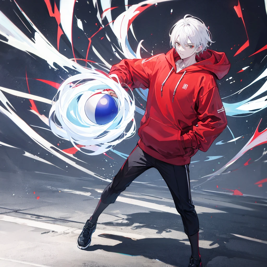 A man wearing a red hoodie with cool white hair and holding a large ball in his hand, full body, background polos