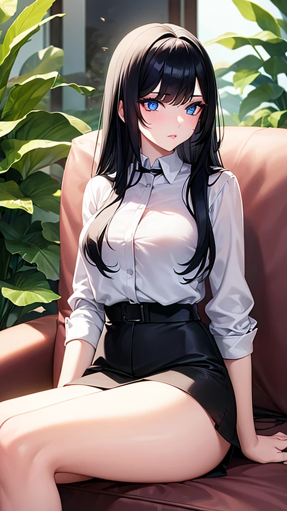 A girl with long black hair and blue eyes with makeup, full lips while wearing A blouse tucked into a skirt and white mini shorts,Sensually sitting on a sofa 
