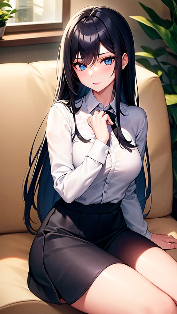 A girl with long black hair and blue eyes with makeup, full lips while wearing A blouse tucked into a skirt and white mini shorts,Sensually sitting on a sofa