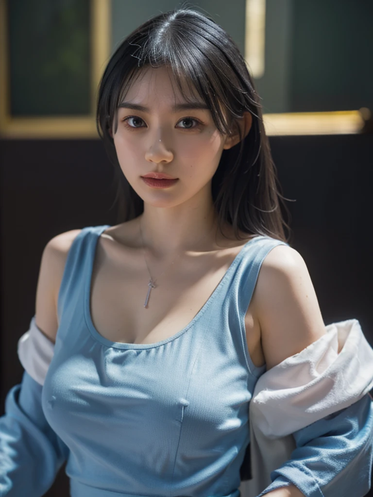 1girl, woman, masterpiece, best quality, highest quality, cinematic lighting, (volumetric lighting), extremely detailed CG unity 8k wallpaper, focused, 8k wallpaper, extremely detailed, ultra realistic, photorealistic, sharp focus, absurdres, (HDR:1.2), (high contrast), photograph, detailed and intricate, instagram, portrait, highly detailed, digital painting, artstation, concept art, smooth, sharp focus, illustration, cinematic lighting, (Large breast:1.2), medium shoulder, show thighs.