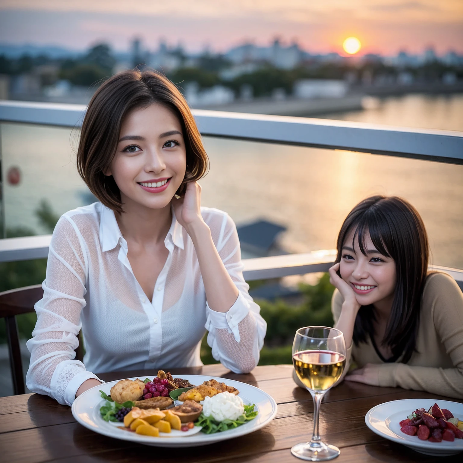 ((Highest quality、8K、masterpiece:1.3))、 (Ultra-realistic、 Genuine、Bright image、Intricate details:1.2), 最高のsmile、1 male 1 female、Beautiful couple、Lovey-dovey lovers、Happy Yokohama Lovers、Good friends、actress couple、smile、Full-course dinner at a packed table、 (Slim face), (the body is slim), (Brown Hair), (short hair), テーブルのwine glass、Please shine a light on my face、 Amazing view of the sunset sky and clouds、42 years old 39 years old, red wine 、Appetizers、Wine bottle、sparkling wine、Long sleeve shirt、dress、White wine, red wine, wine glass, 