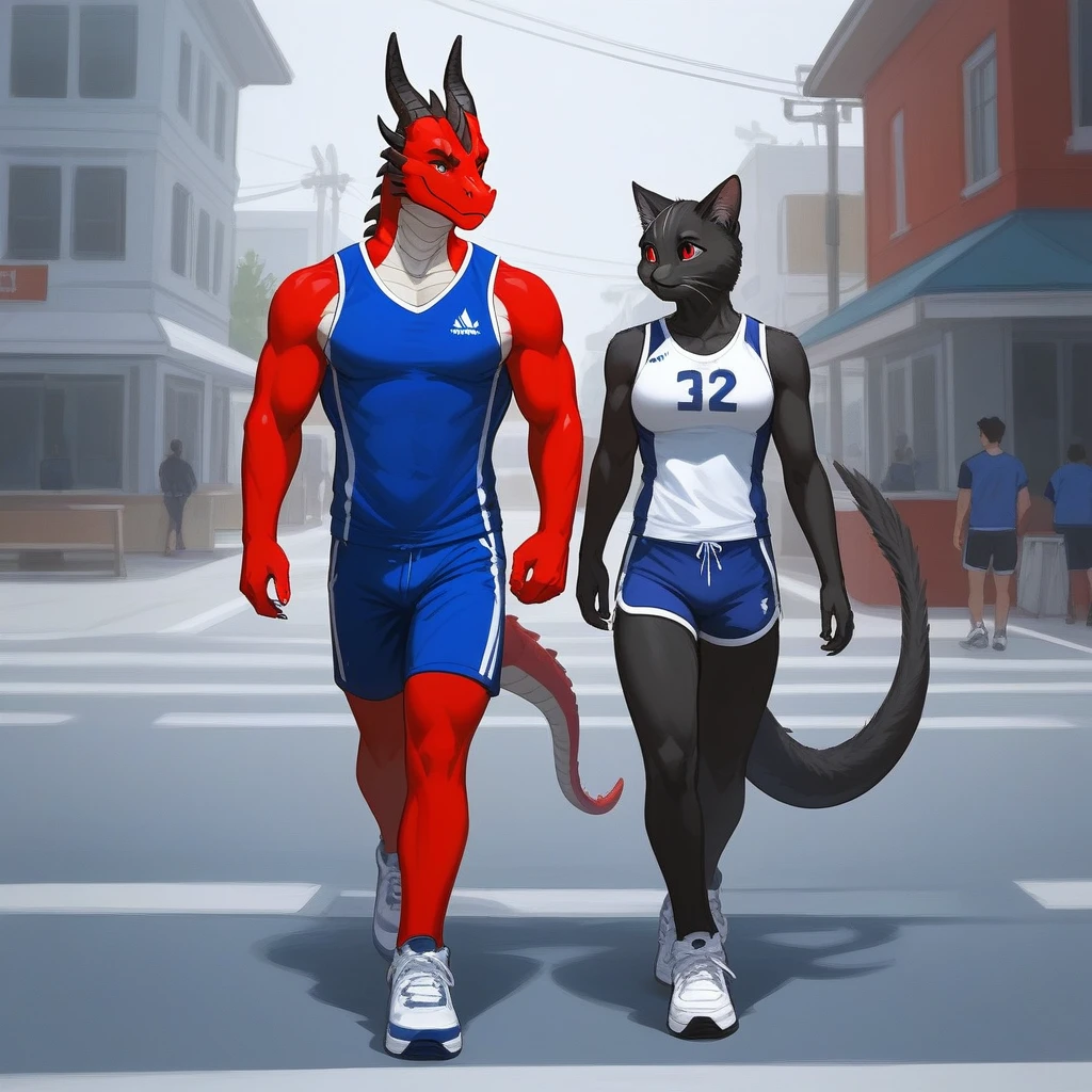 Duo, Score_9, score_8_up, an anthro dragon male, tall, athletic body, black and red dragon male, (black and red scaley body):1.3, black dragon, red eyes, he is wearing a blue sports jersey and shorts with white sneakers, walking, looking to his left at other character, he is with an Anthro furry female cat girl, they are outdoors, simple background