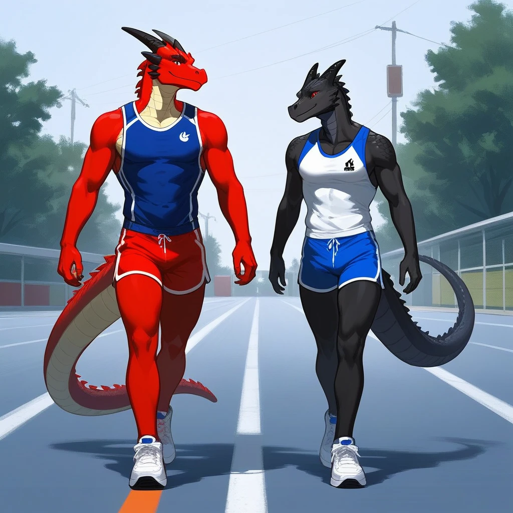 Duo, Score_9, score_8_up, an anthro dragon male, tall, athletic body, black and red dragon male, (black and red scaley body):1.3, black dragon, red eyes, he is wearing a blue sports jersey and shorts with white sneakers, walking, looking to his left at other character, he is with an Anthro furry female cat girl, they are outdoors, simple background