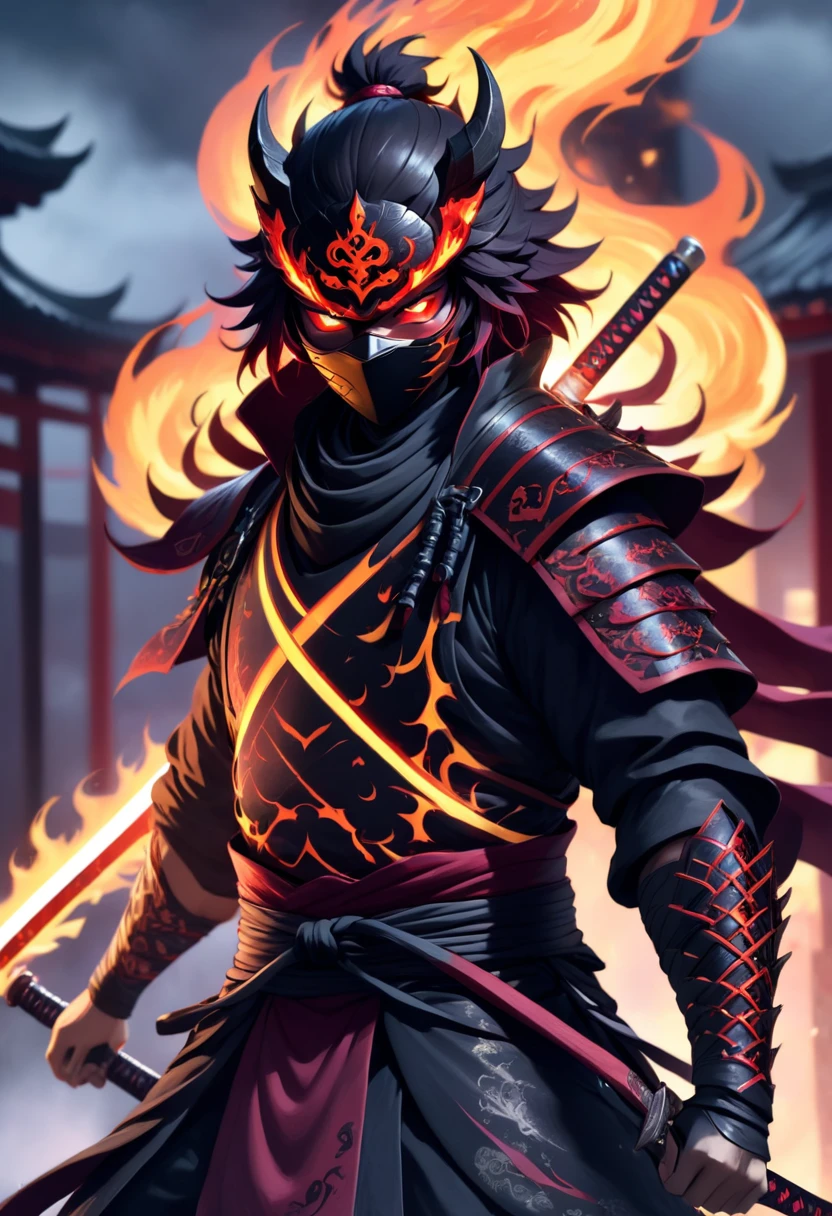 A striking illustration of a demonic ninja wielding a fiery, blood-stained ninja sword. The ninja is cloaked in dark red and black armor with intricate metallic designs, and his eyes glow menacingly. An intense fire surrounds his body, and a flaming serrated sword is prominently featured. The background is a dark and stormy night, creating a sense of danger and intensity. The overall ambiance of the image is dark and mysterious, with a touch of supernatural elements.
