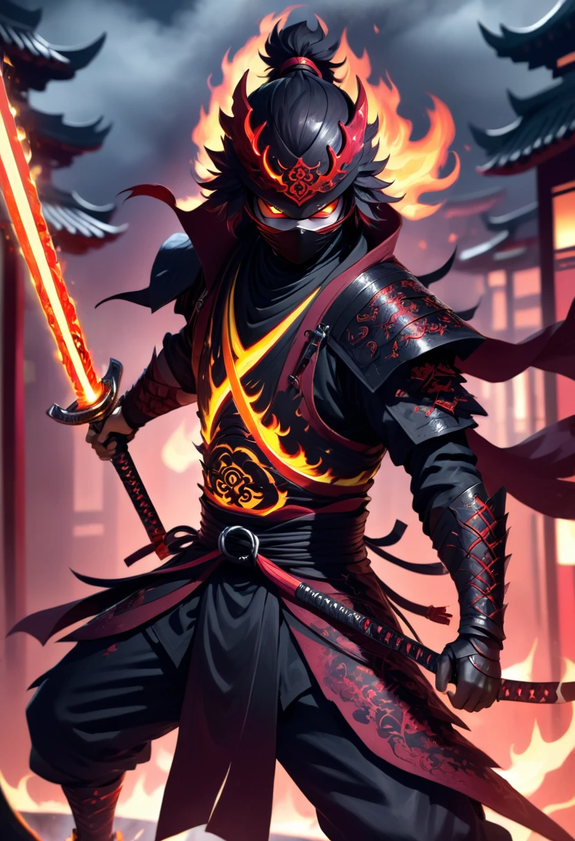 A striking illustration of a demonic ninja wielding a fiery, blood-stained ninja sword. The ninja is cloaked in dark red and black armor with intricate metallic designs, and his eyes glow menacingly. An intense fire surrounds his body, and a flaming serrated sword is prominently featured. The background is a dark and stormy night, creating a sense of danger and intensity. The overall ambiance of the image is dark and mysterious, with a touch of supernatural elements.
